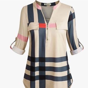 Women's 3/4 Cuffed Sleeve Zipped V Neck Plaid Tunic Shirt Blouses